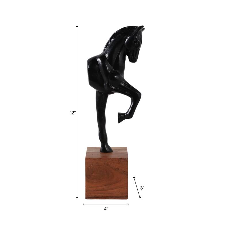Horse Figurine Sculpture on Wooden Stand Base - 12", Black & Brown - 12.0"