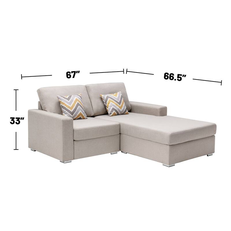 Linen Fabric 2-Seater Reversible Sofa Chaise with 2 Pillows and Interchangeable Legs in Beige