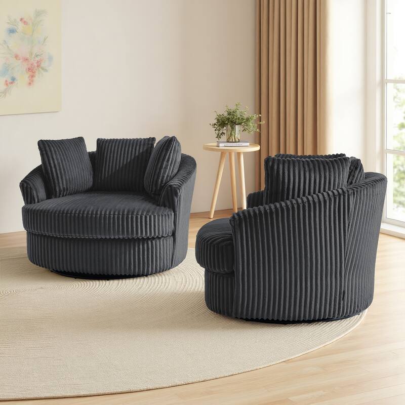 UIXE Oversize 43" Plush Corduroy Swivel Barrel Chair Comfy Accent Chair For Living Room - Dark Grey/2 Set