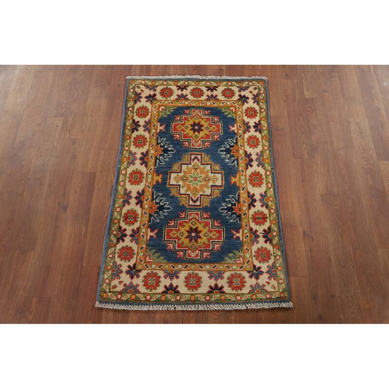 Blue Geometric Kazak Oriental Accent Rug Hand-Knotted Wool Carpet - 1'11" x 3'0"