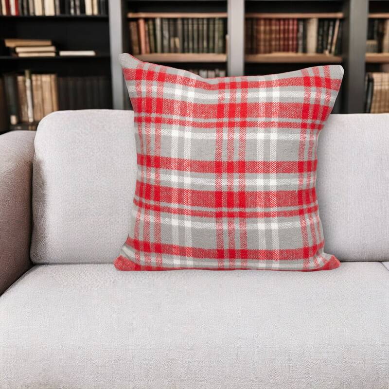 HomeRoots 16" Red and White Plaid Cotton Throw Pillow - Accent - Polyester