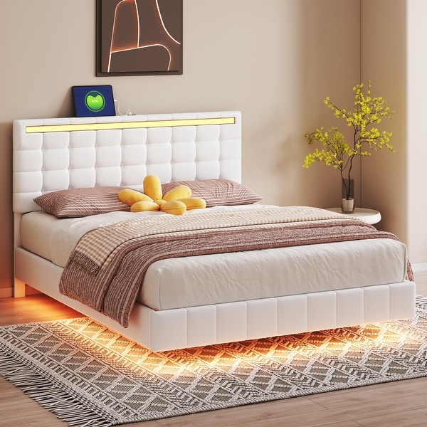 Floating Bed Frame with LED Lights and USB Charging On Sale