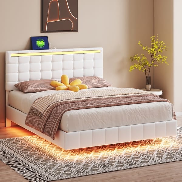 Queen Size Floating Bed Frame with LED Lights and USB Charging,Modern