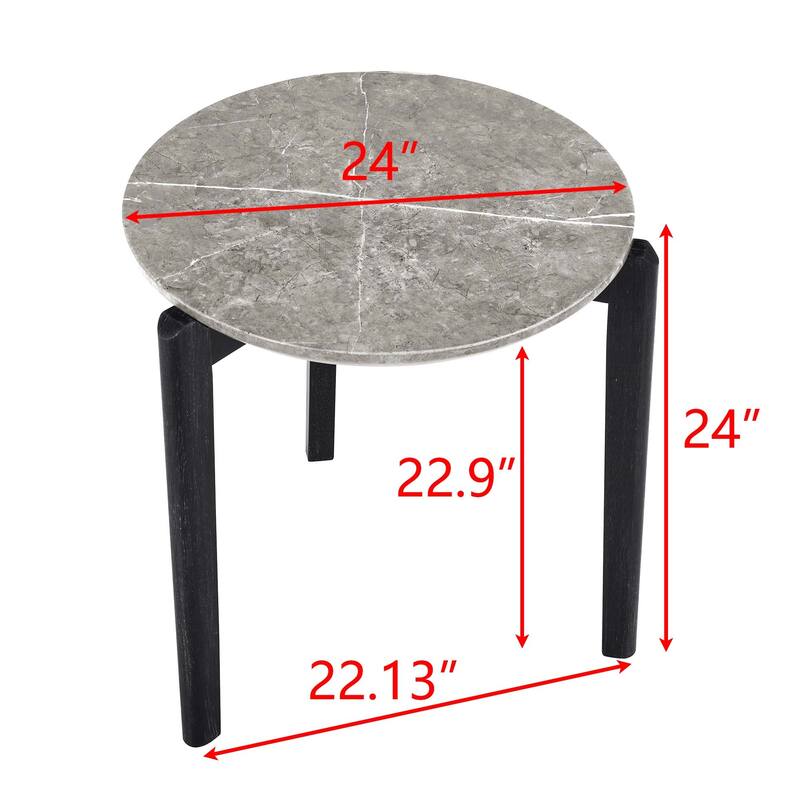 Modern 24-Inch Round Coffee Table - Stylish Imitation Marble Top with Solid Rubber Wood Legs-Perfect Small Wooden Coffee Table