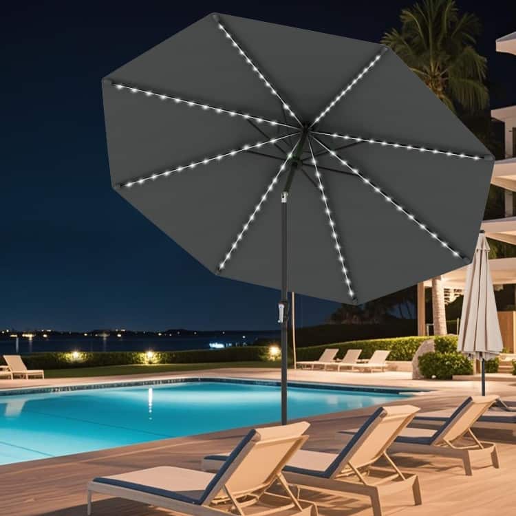 Polyester Metal Solar Patio Umbrella with LED Lights