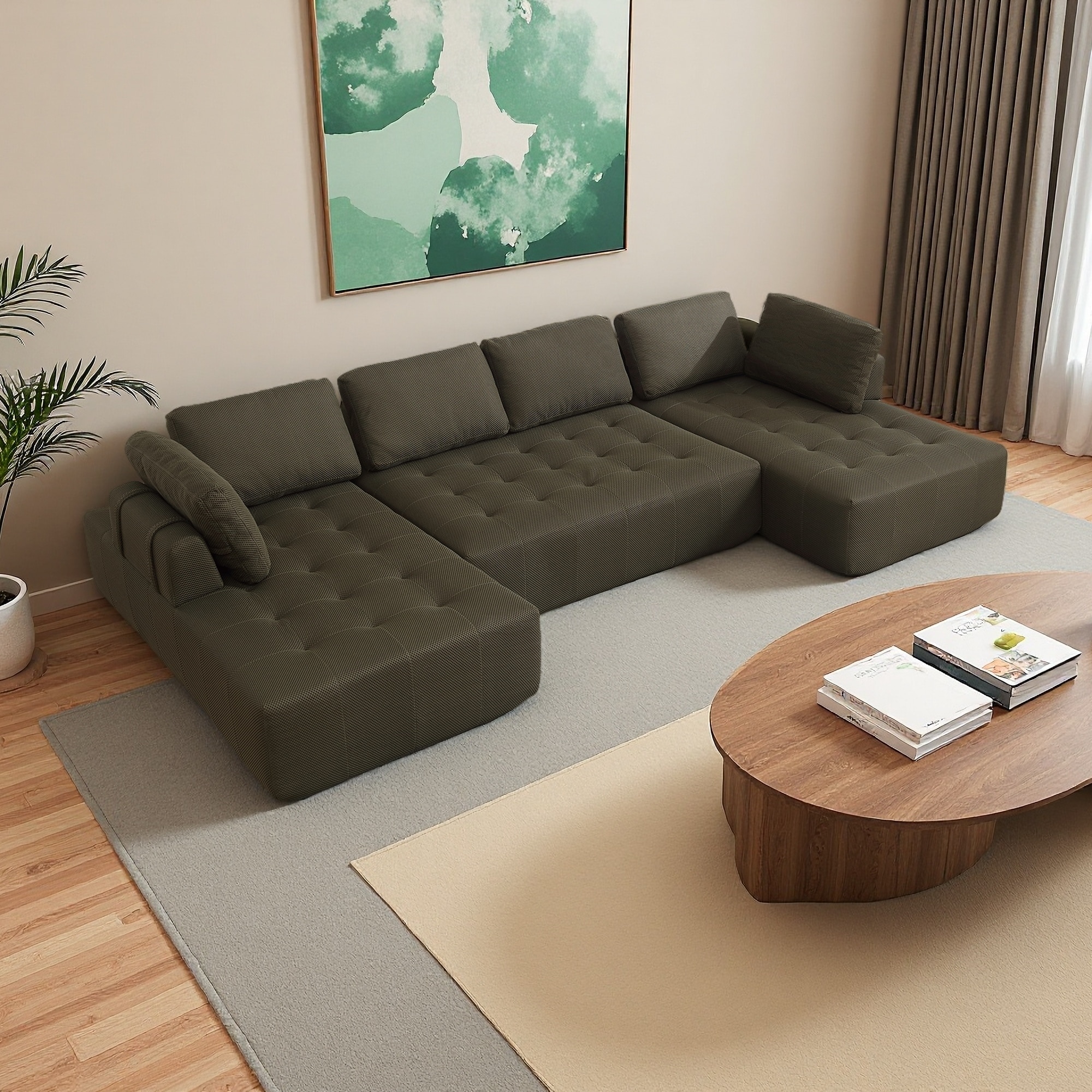 138.5" Mesh Fabric U-Shaped 6-Seater Modular Sofa, Breathable & Free Combination