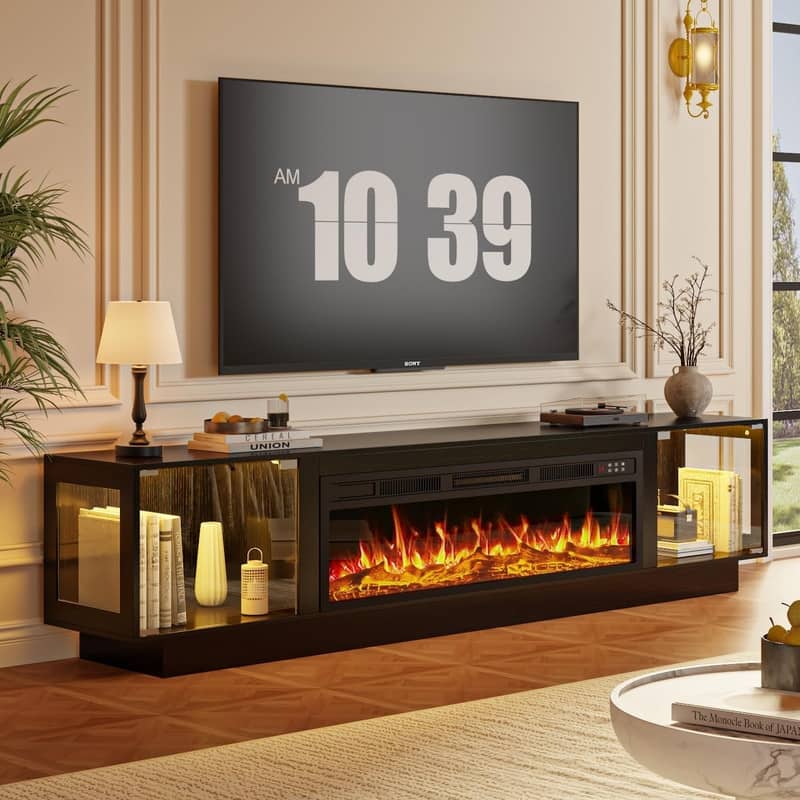 BOSSIN 80" Fireplace TV Stand with Adjustable LED Lights, Modern Entertainment Center with Glass Door Storage Cabinet, Black - black