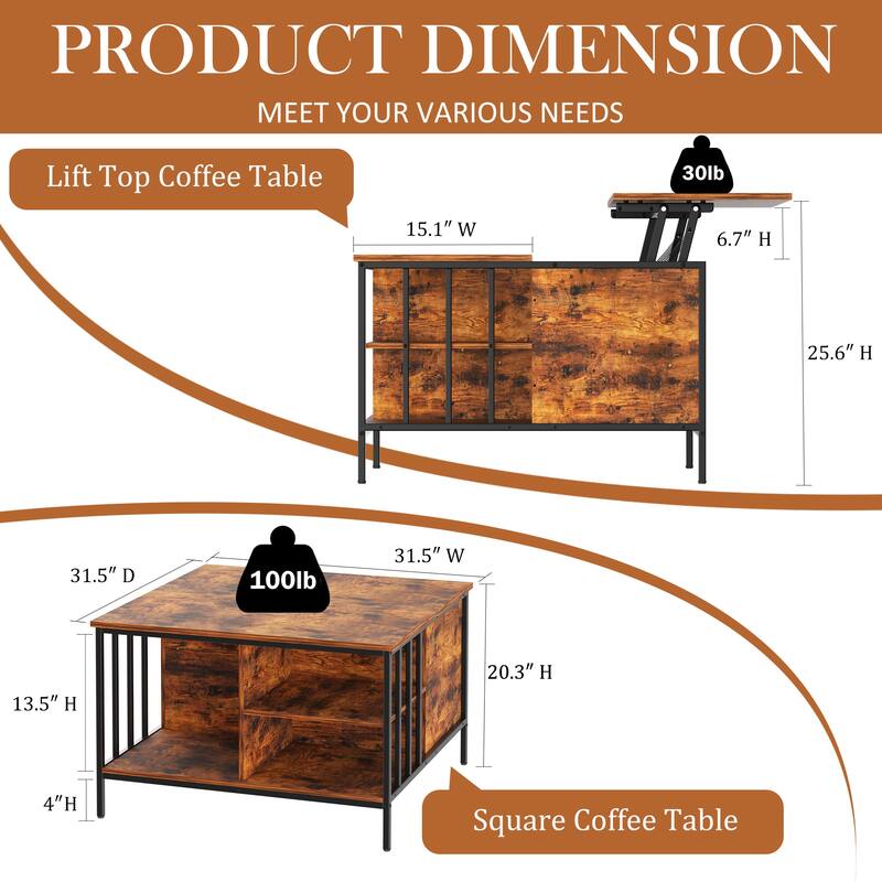 Rustic Lift-Top Coffee Table‌ – 31.5" Adjustable Height With Hidden Storage & 3 Shelves, 110Lb Capacity, Easy-Clean Surface .