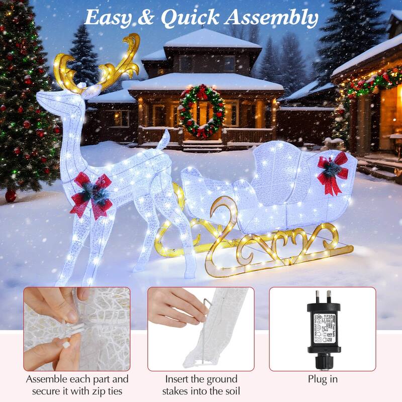 Costway Lighted Christmas Reindeer and Sleigh with 215 White LED - See Details
