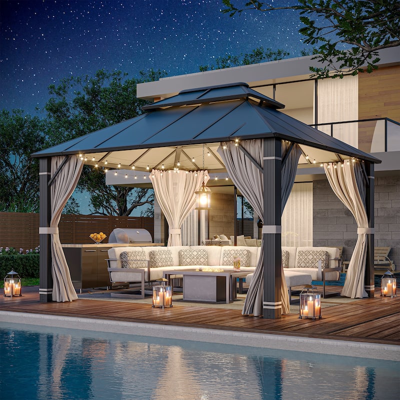 EROMMY Hardtop Gazebo, Waterproof Aluminum Pavilion with Netting & Curtains for Patio, Garden
