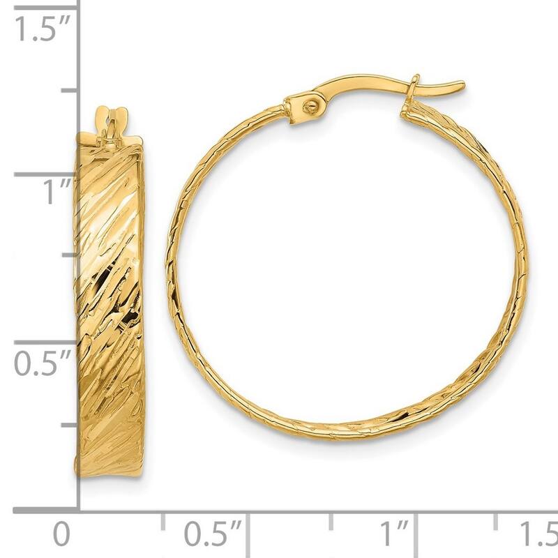 Curata 14k Yellow Gold Polished and Textured Round Hoop Earrings - 27x27mm