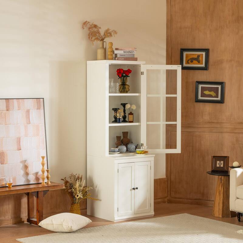 75.25'' Tall Freestanding Pantry Cabinet with Glass Door & Lattice Window, Farmhouse Display Cabinets with Storage