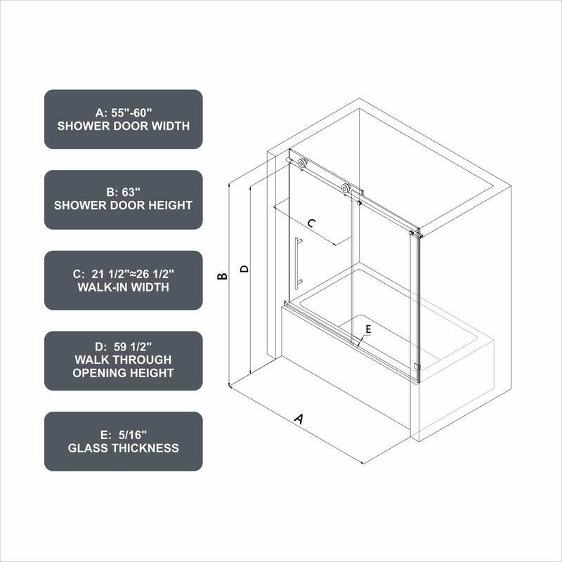 56"-60"W x 70"Frameless Tub Door with Adjustable Soft-Close Feature