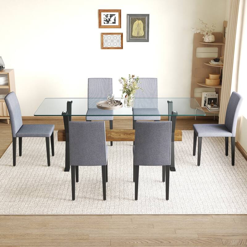 79" Glass Dining Table Set for 6, Modern Tempered Glass Table with 6 Upholstered Chairs, Kitchen Table and Chairs for 6