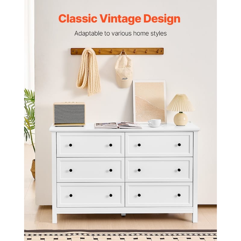 White MDF Particleboard 6 Drawer Dresser with Vintage Design and Metal Handles