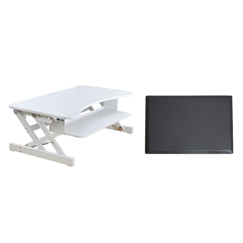 Rocelco 37.5 in. W White Deluxe Height Adjustable Standing Desk Converter with Anti Fatigue Mat and Deep Keyboard Tray