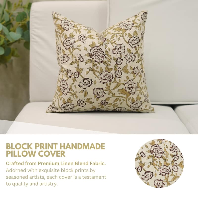 Fabdivine Handmade Floral or Weave Yellow Pillow Cover in Soft Linen for Block Print Room Boho Spring Home Décor, Lehar