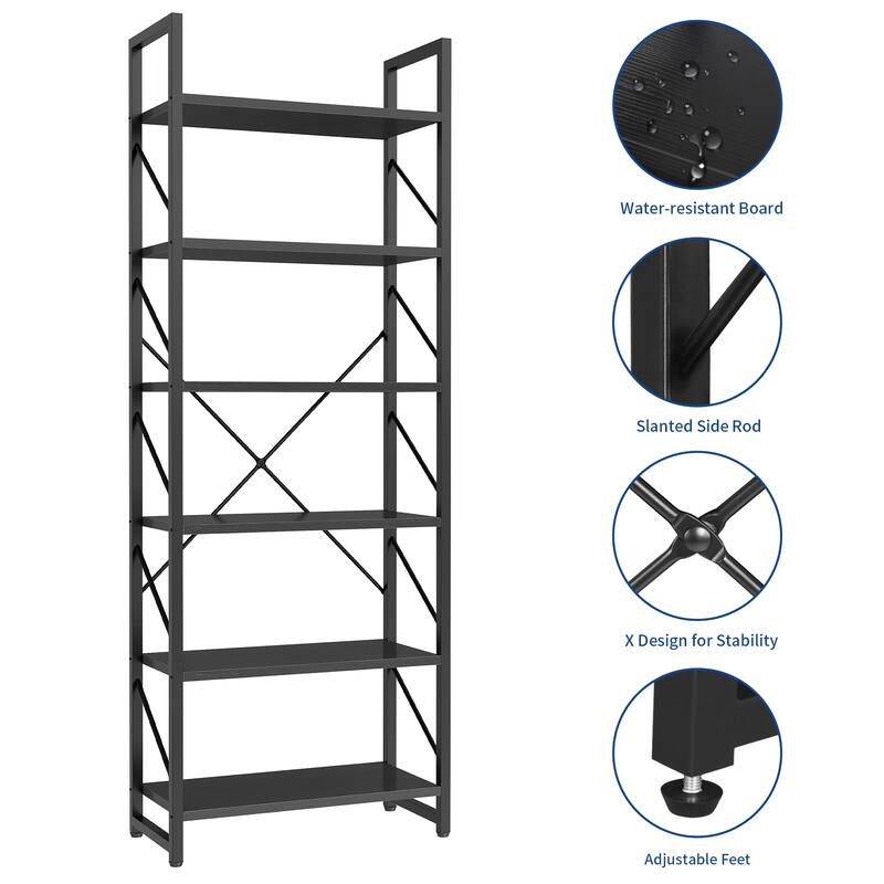 Moasis 6-Tier Bookshelf Open Storage Display Rack Industrial Bookcase