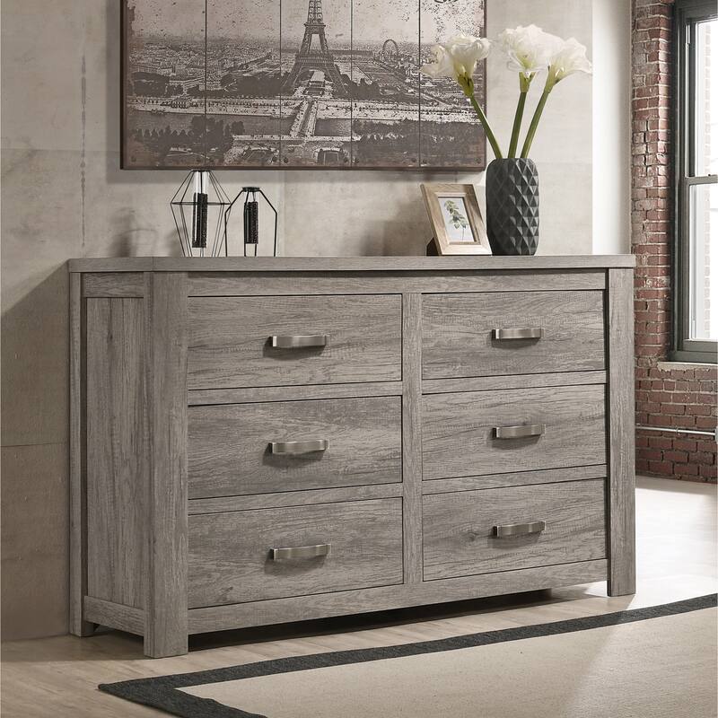 Roundhill Furniture Floren Contemporary Weathered Gray Wood Bedroom Set, Panel Bed, Dresser, Mirror, Nightstand, Chest