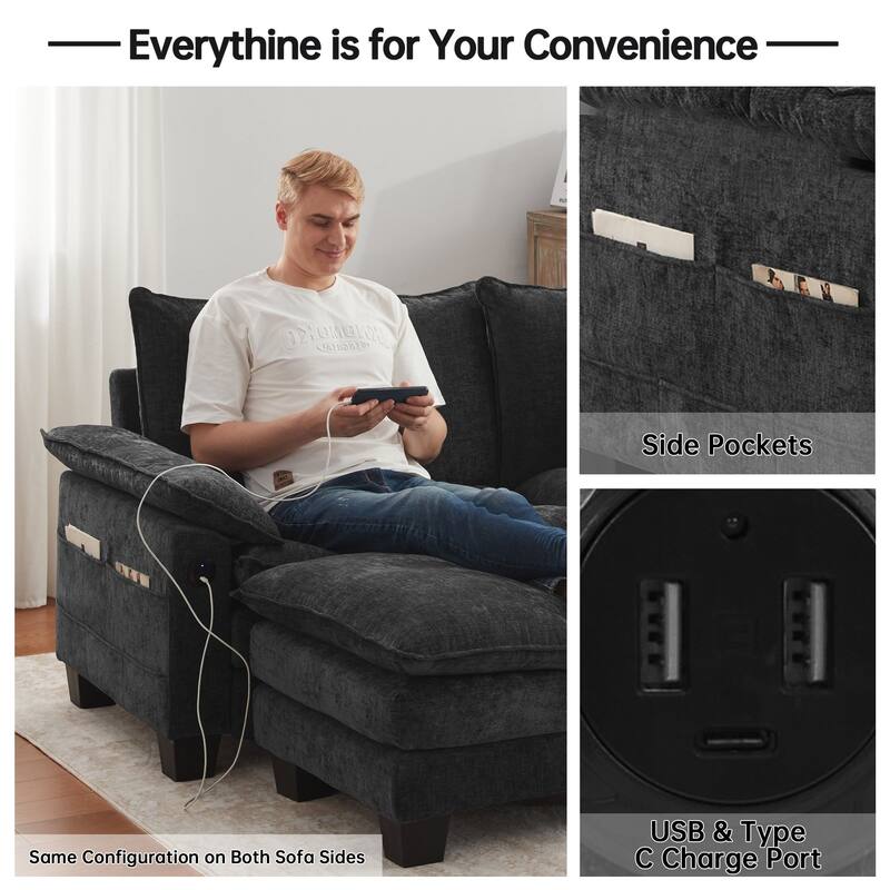 144" Modular Compression Sofa Set Convertible Sectional Sleeper Couch with 2 Ottomans