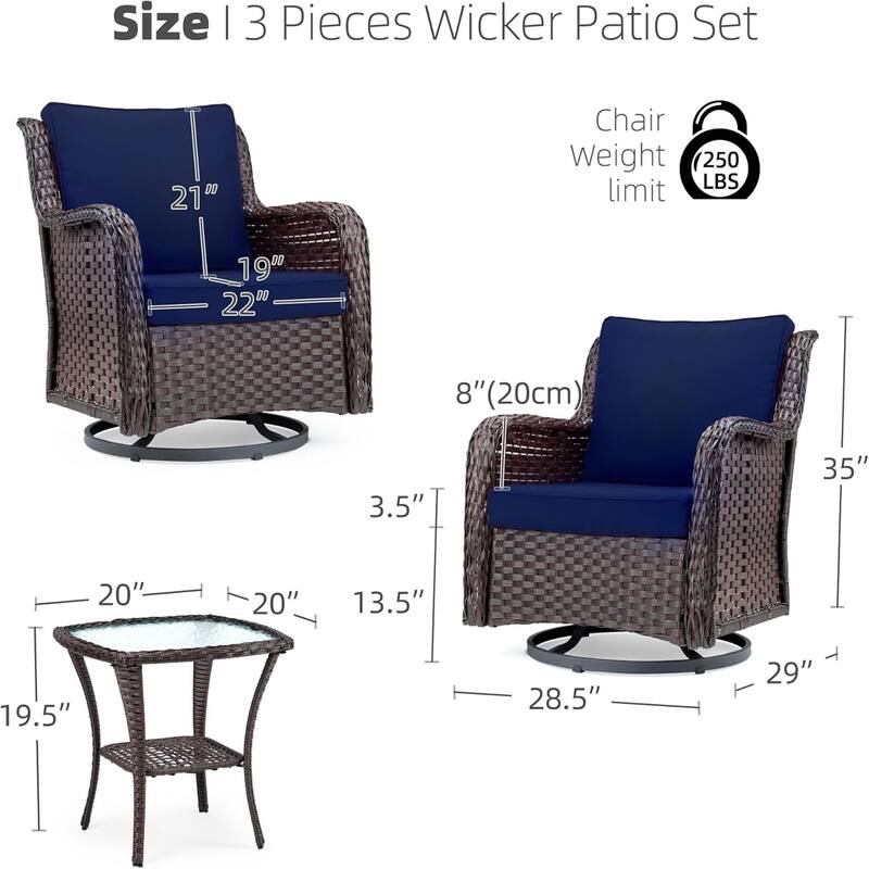 Outdoor Wicker Furniture Set 3-Piece Swivel Glider Rocking Chair and Coffee Table