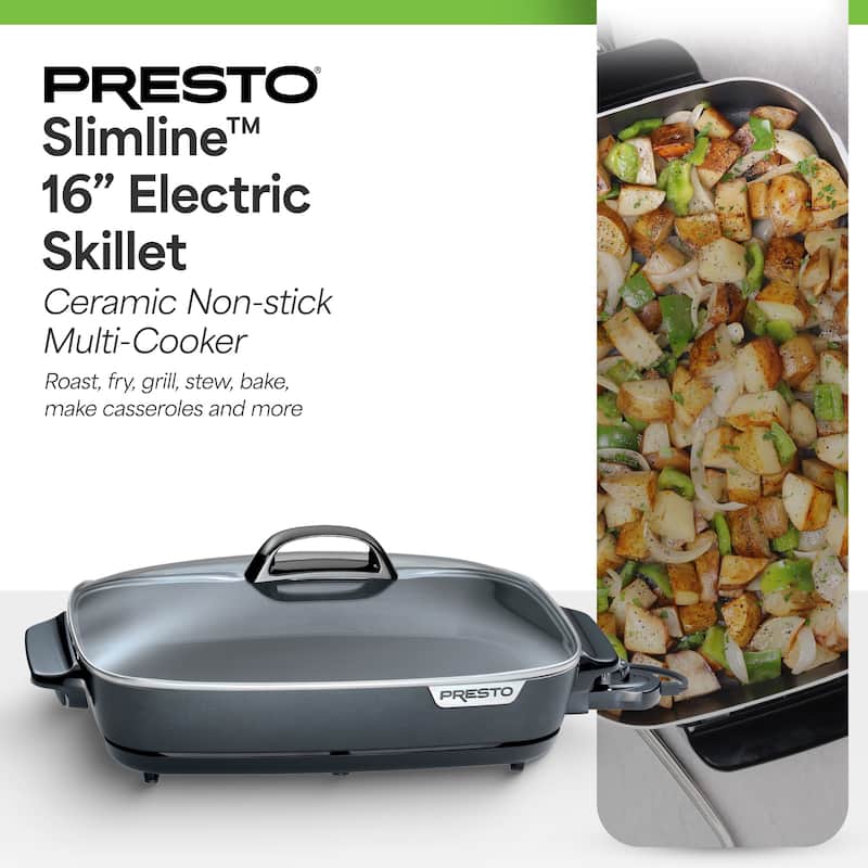Presto Slimline Nonstick Electric Skillet with Tempered Glass Lid, 16", Black - 7.8