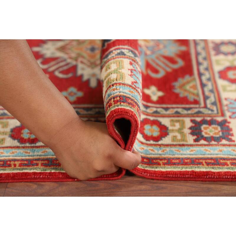 Red Kazak Foyer Rug Handmade Geometric Wool Carpet - 2'9" x 3'10"