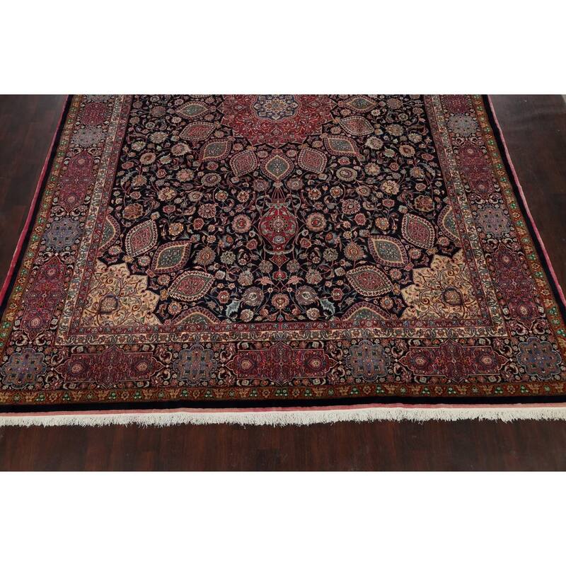 Hand Knotted Oriental 100% Wool Carpet Traditional Floral Navy Blue & Blues Mashad Area Rug - 15' 5'' X 11' 1''