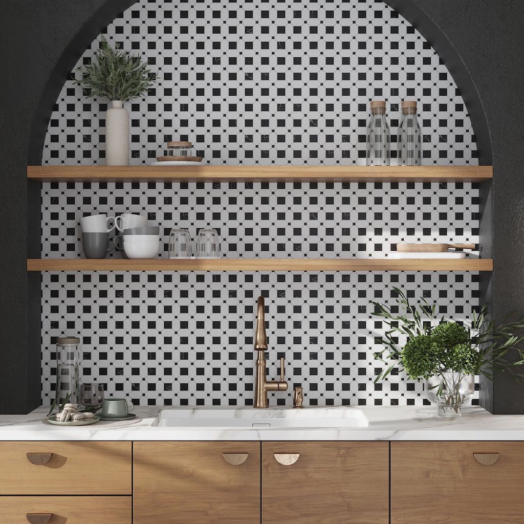 Apollo tile 12 x 12 Noir Luxe Polished Eastern Black Thassos White Marble Tile (5.08 sq ft/case) - 5 Pack