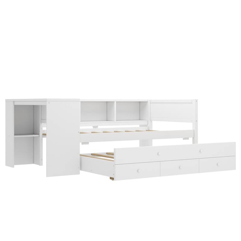 Wooden Daybed Frame with Pull Out Trundle and 3 Drawers, Platform Sofa Bed with Built In Desk and Shelves, No Box Spring Needed