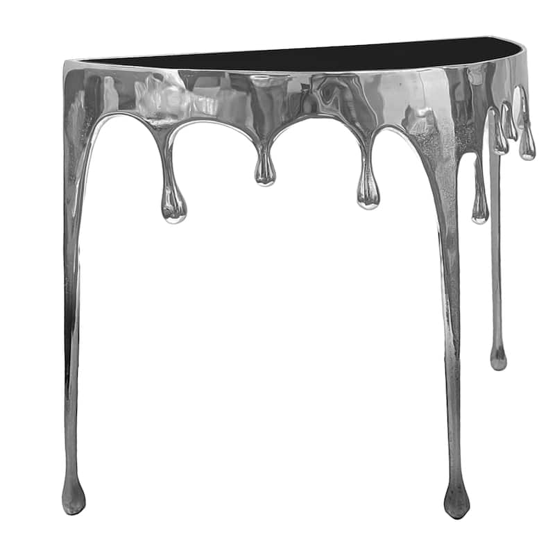 Capri Sofa Console Table, 36.25" Half Moon Glass Top, Melting Drip Design Aluminum Cast Silver