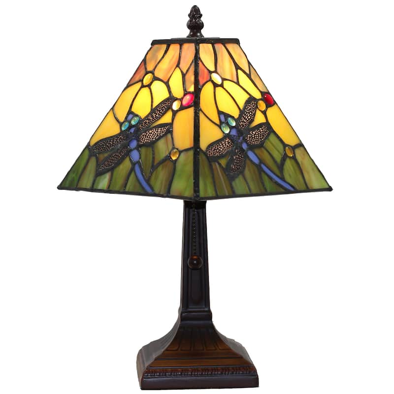 Tiffany Style Mini Accent Lamp Mission 15" Tall Stained Glass Flower Dragonfly Nightstand Handmade AM289TL08B Amora Lighting