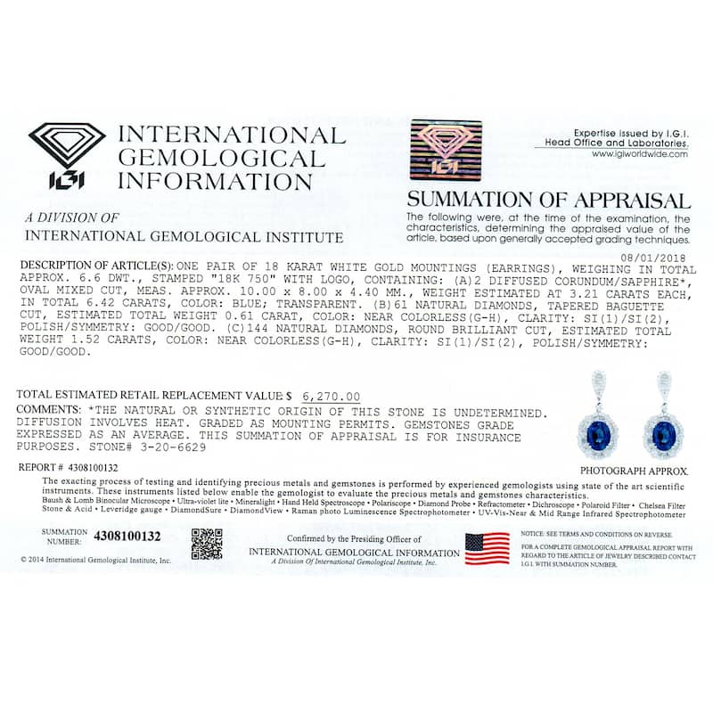 Auriya Fancy 6 3/8cttw Royal Blue Sapphire Oval and 2 1/8ctw Halo Diamond Earrings 18K Gold