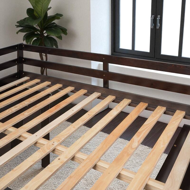 Twin/Full Size Low Loft Bed with Cabinet, Rolling Desk and Bookshelf, Solid Wood Frame for Kids