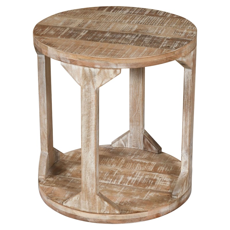 Two Tier Handmade Round End Table - 22" - Beige