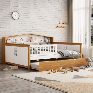 Full Size Wood House Shape Daybed with Trundle and Bookcase Headboard for Girls Boys Teens for Bedroom