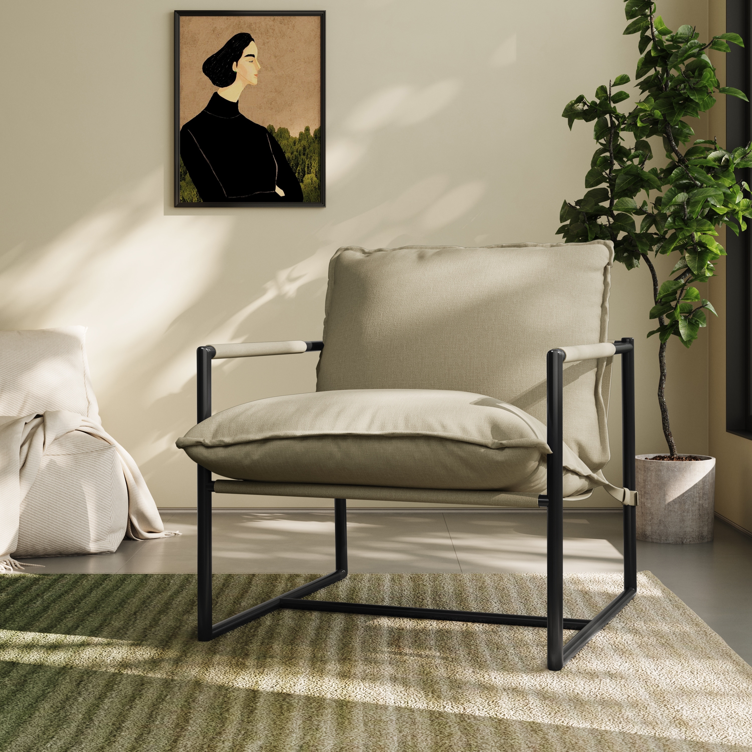 Modern Metal Frame Upholstered Sling Accent Armchair