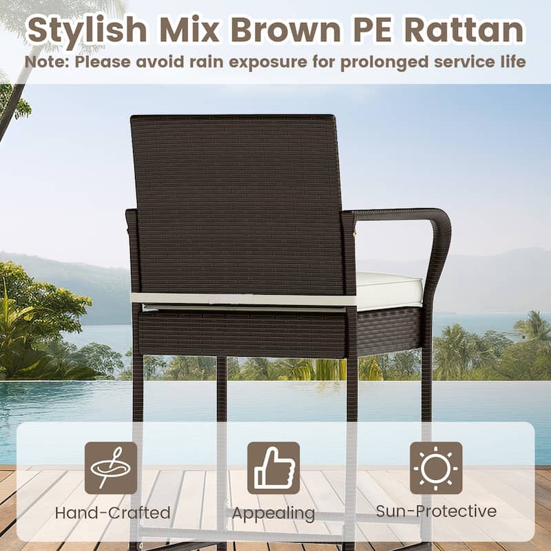Outdoor Patio Bar Set 2 Barstools 1 Table PE Wicker Metal Frame Cushioned Backyard Furniture - 17.5" W x 21" D x 46" H