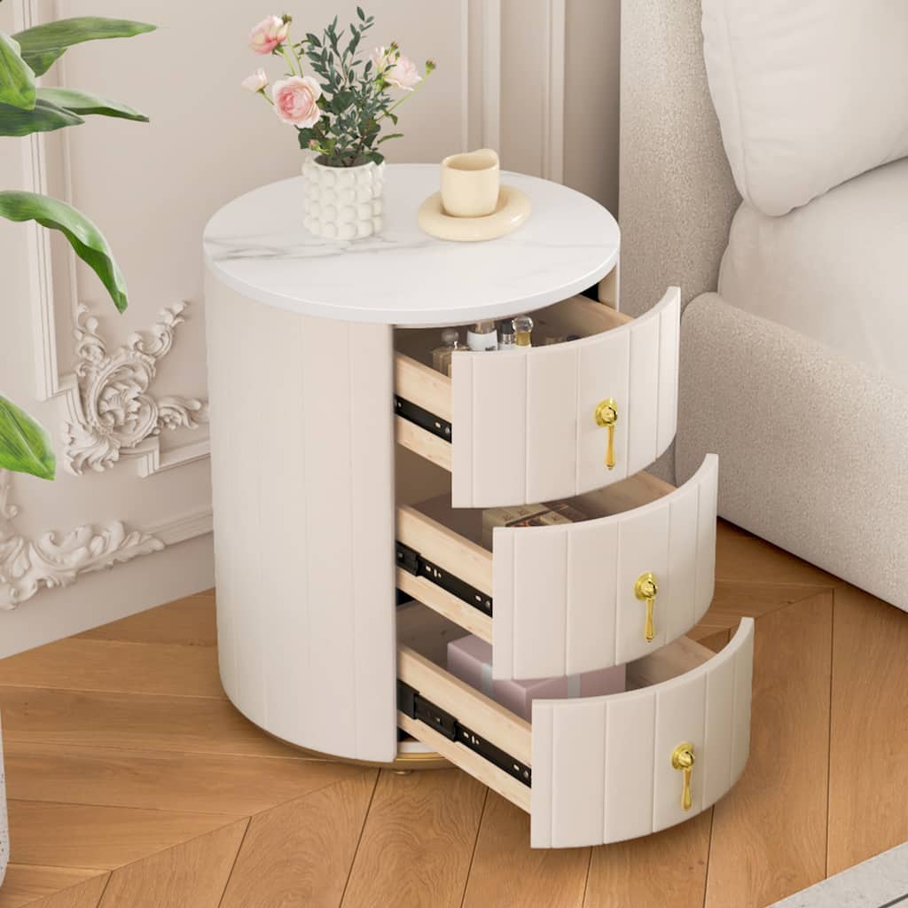 Upholstered Nightstand with 3 Drawers,Round Bedside Table,Marbling Stickers Top Night Table,Fully Assembled Except Handles