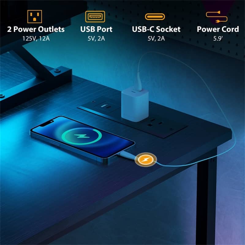 L Shaped Gaming Desk with RGB LED Lights Power Outlets USB Charging Ports Monitor Stand and Storage Shelves Reversible
