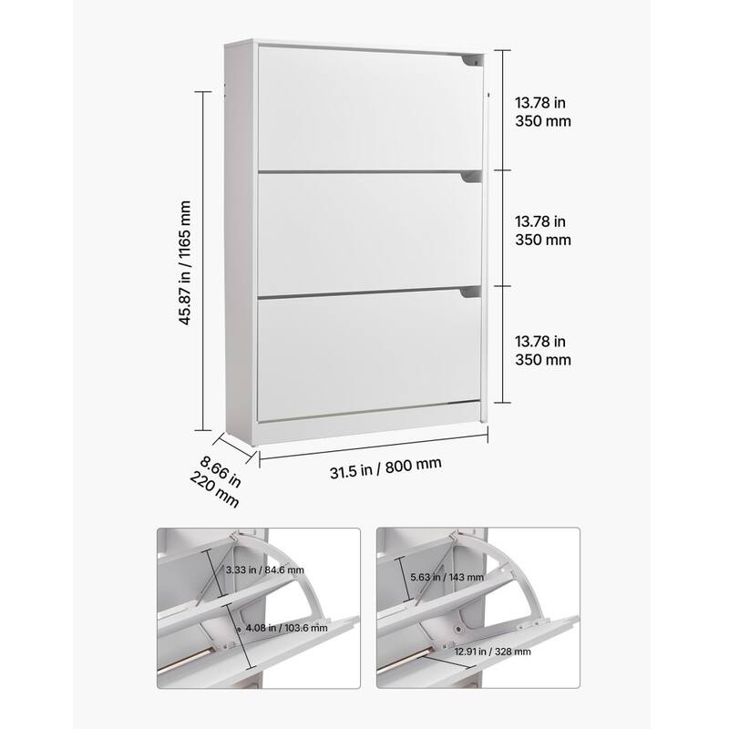 Modern White Shoe Cabinet with 3 Flip Drawers and Adjustable Shelves for Narrow Hallway Storage - 31.5 x 8.66 x 45.87 in