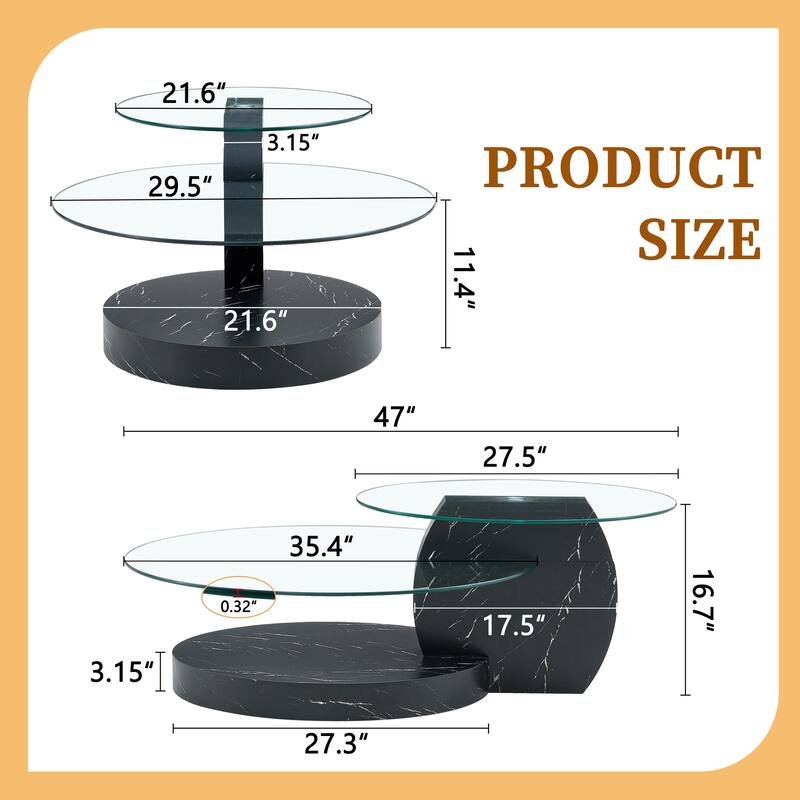 Modern Round Glass Coffee Table w/ Wood Base, 3 Tier Round Coffee Table, Clear Cocktail Table w/ Storage for Home Office