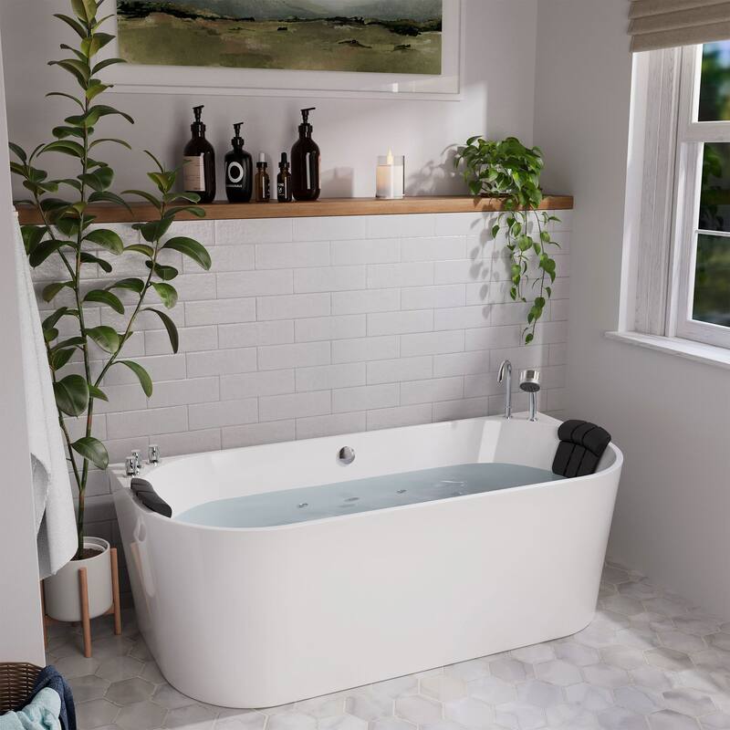 71 in. x 31.5 in. Center Drain Freestanding Whirlpool Bathtub Hydrotherapy Jetted Soaking Bath Tub - Tub filler in White