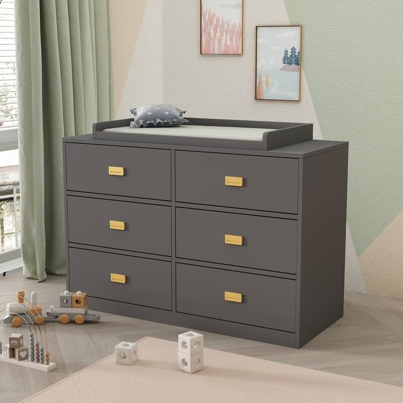 Dresser 6 Drawers With Baby Changing Table In White/Grey Golden Handle - 45.1"W