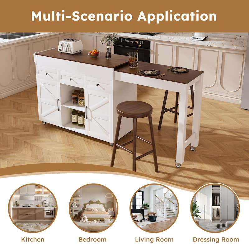 Kitchen Island with Extendable Dining Table, Kitchen Storage Cart on Wheels with 2 Drawers, Rolling Extendable Island Cart