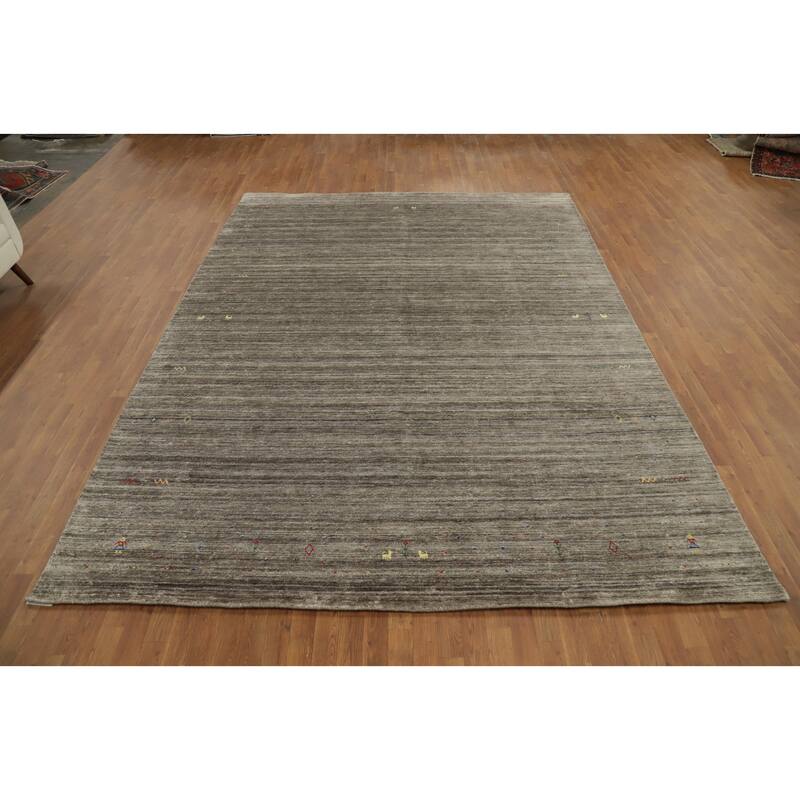 Hand Knotted Oriental Viscose Silk Carpet Tribal Animal Pictorial Greys & Charcoal Gabbeh Area Rug - 11' 11'' X 8' 11''