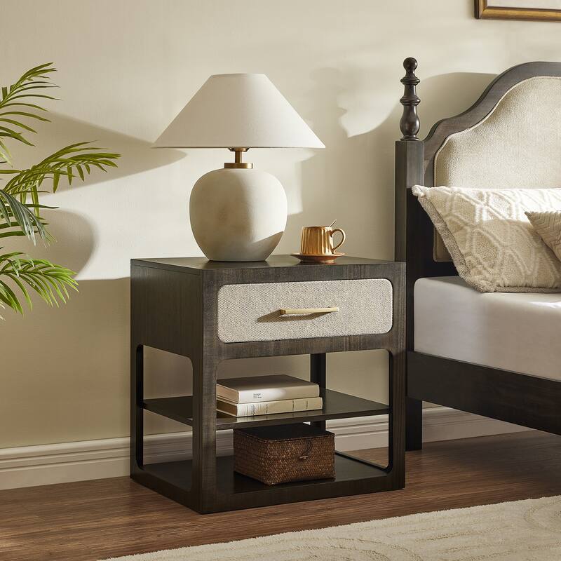 18" Modern Nightstand with Textured Fabric Drawer and 2-Tier Open Shelves - Black - 1-drawer