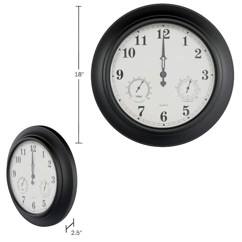 Indoor Outdoor Clock Thermometer Combo - 18-Inch Waterproof Outdoor Wall Clock with Temperature and Humidity by Pure Garden