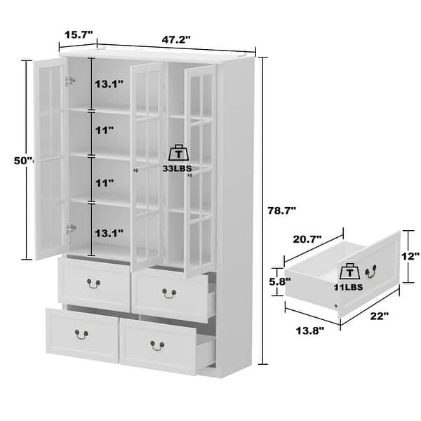 dimension image slide 7 of 11, 78.7"H Combo Glass Doors Display Cabinet Wooden Bookshelf Organizer