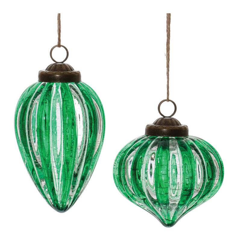 Ribbed Crackle Glass Christmas Ornaments - 5" - Green - 6ct